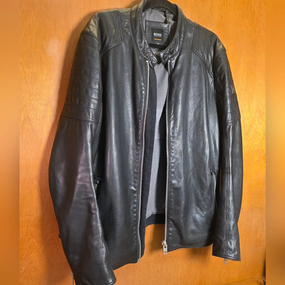 HUGO BOSS BLACK LEATHER BIKER JACKET XL 52